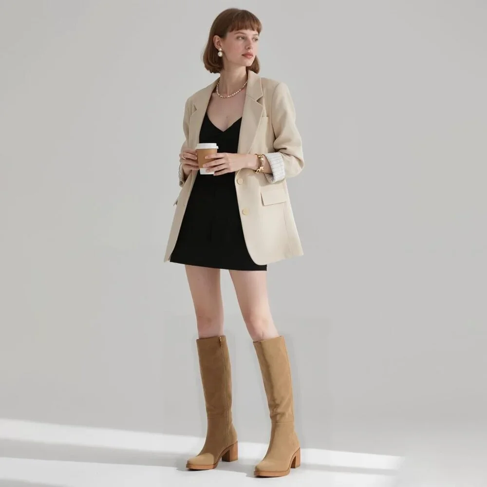 Women's Suede Camel Chunky Heel Round Zipper Winter Dress Tall Knee High Boots